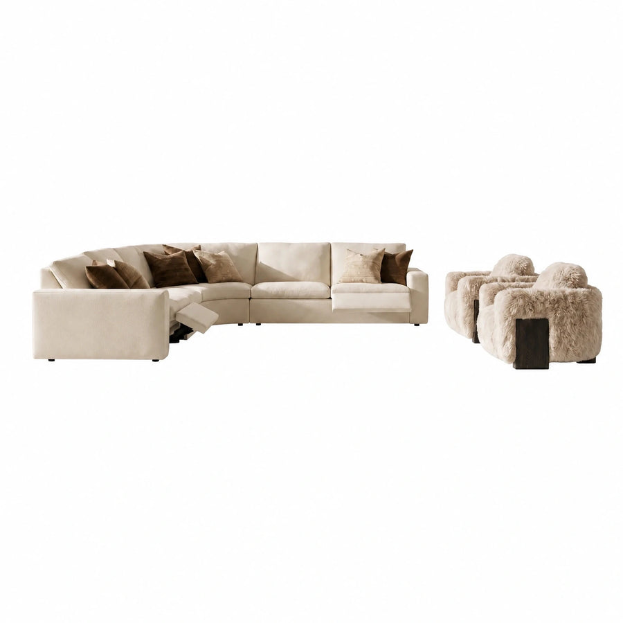 Cream Modular Sectional Sofa with Recliner and Furry Armchairs