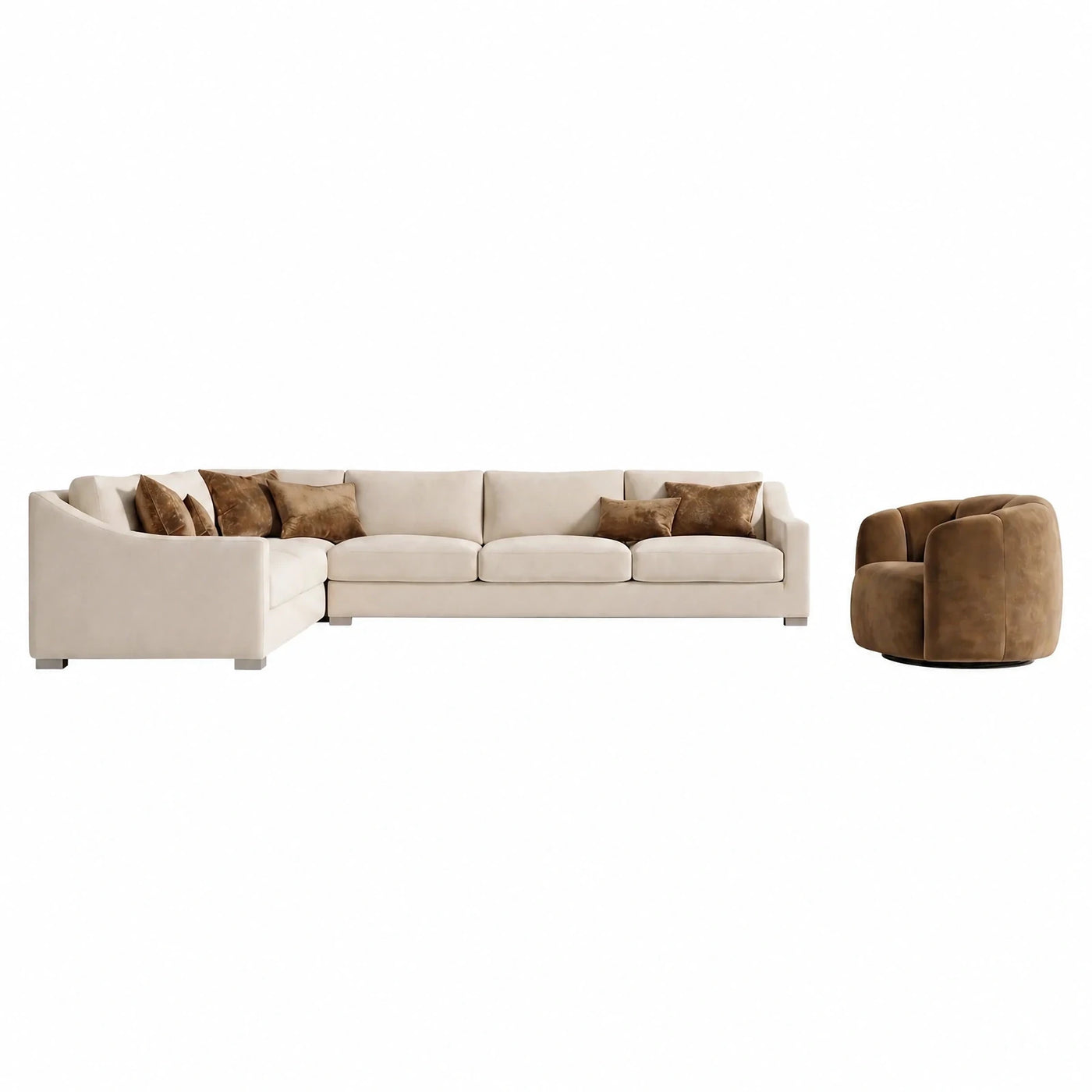 Cream Fabric Sectional Sofa with Swivel Chair