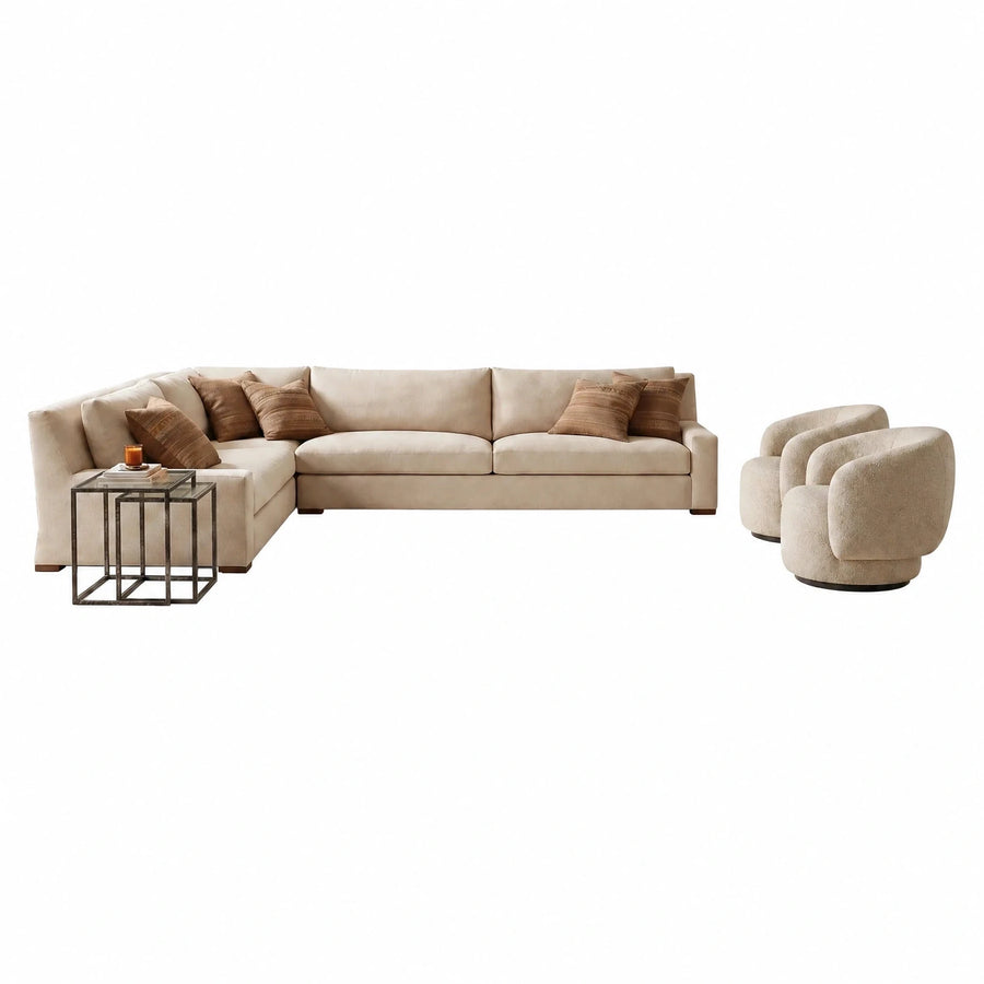 Beige L-Shaped Sectional Sofa Set with Swivel Chairs
