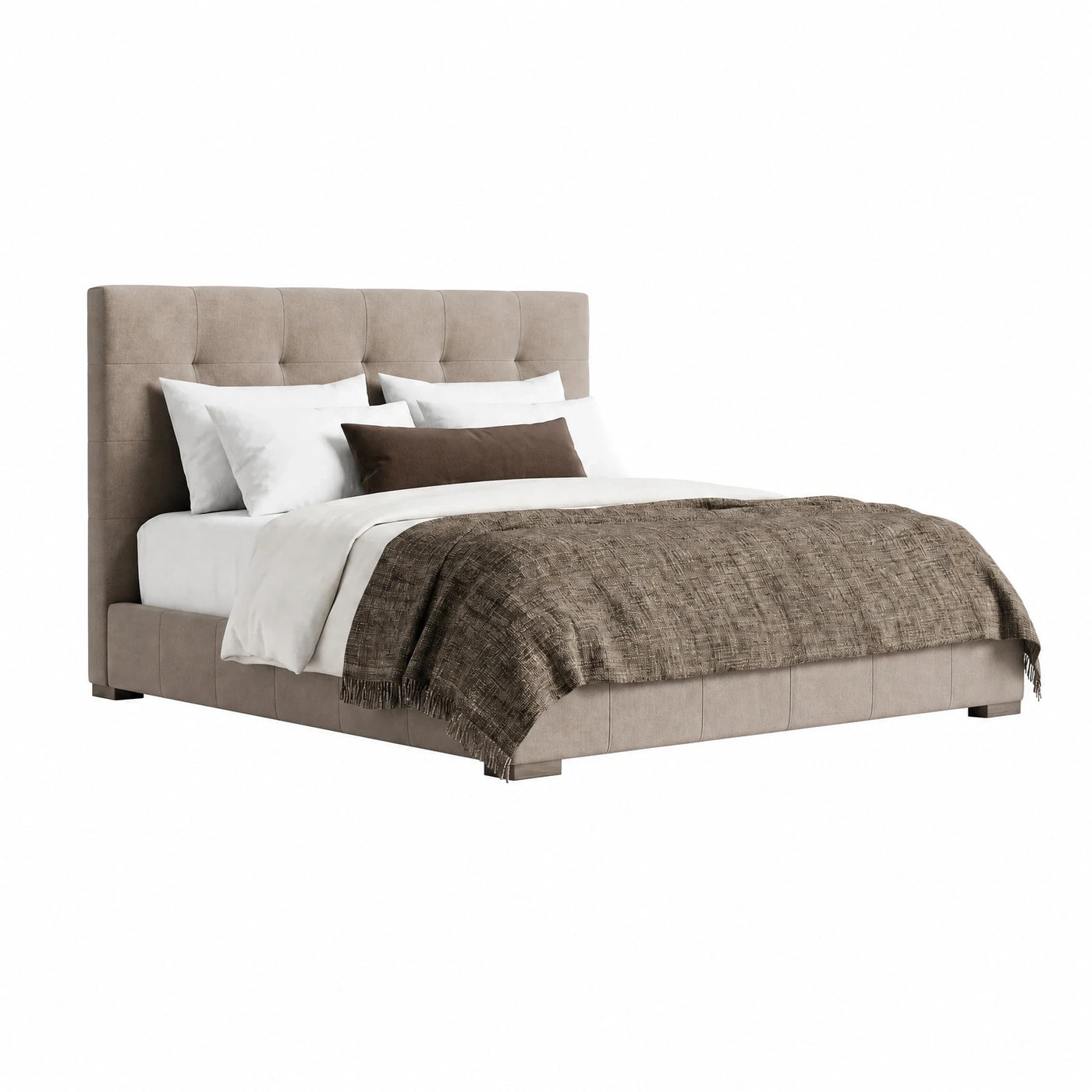 Beige Upholstered Platform Bed with Tufted Headboard