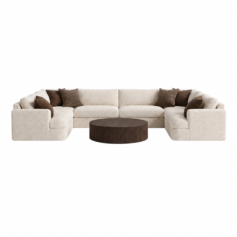 Cream Boucle U-Shaped Sectional Sofa with Dark Wood Coffee Table