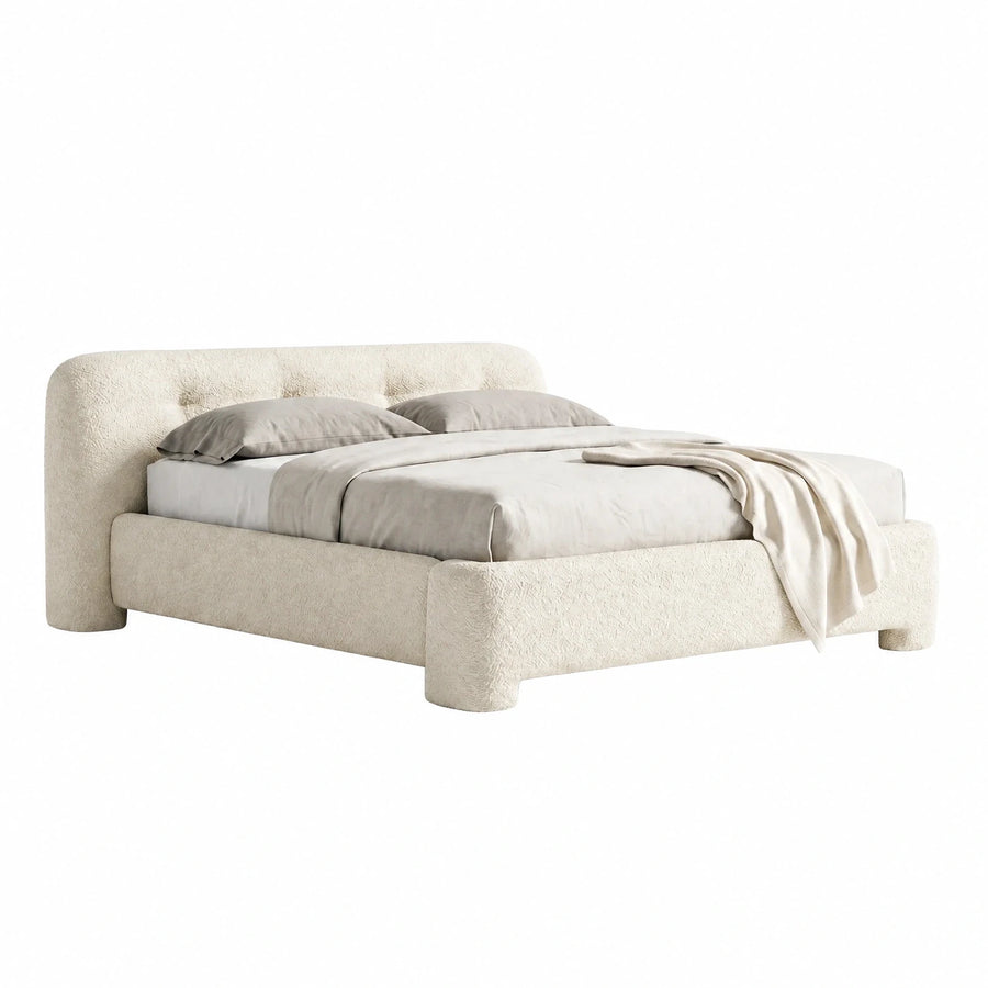 Cream Boucle Upholstered Platform Bed Frame