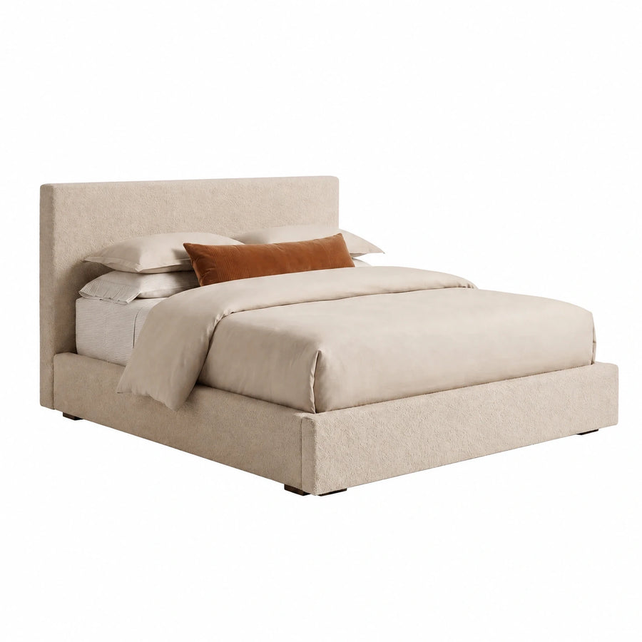 Beige Upholstered Platform Bed with Tall Headboard