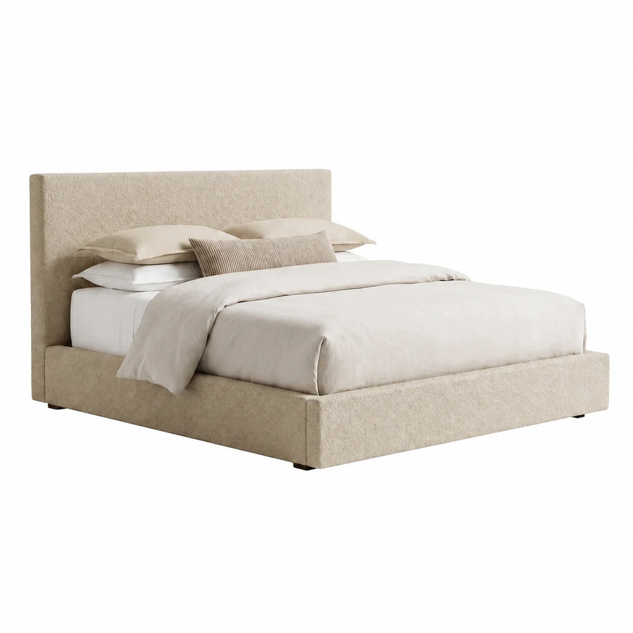 Beige Upholstered Platform Bed with Tall Headboard