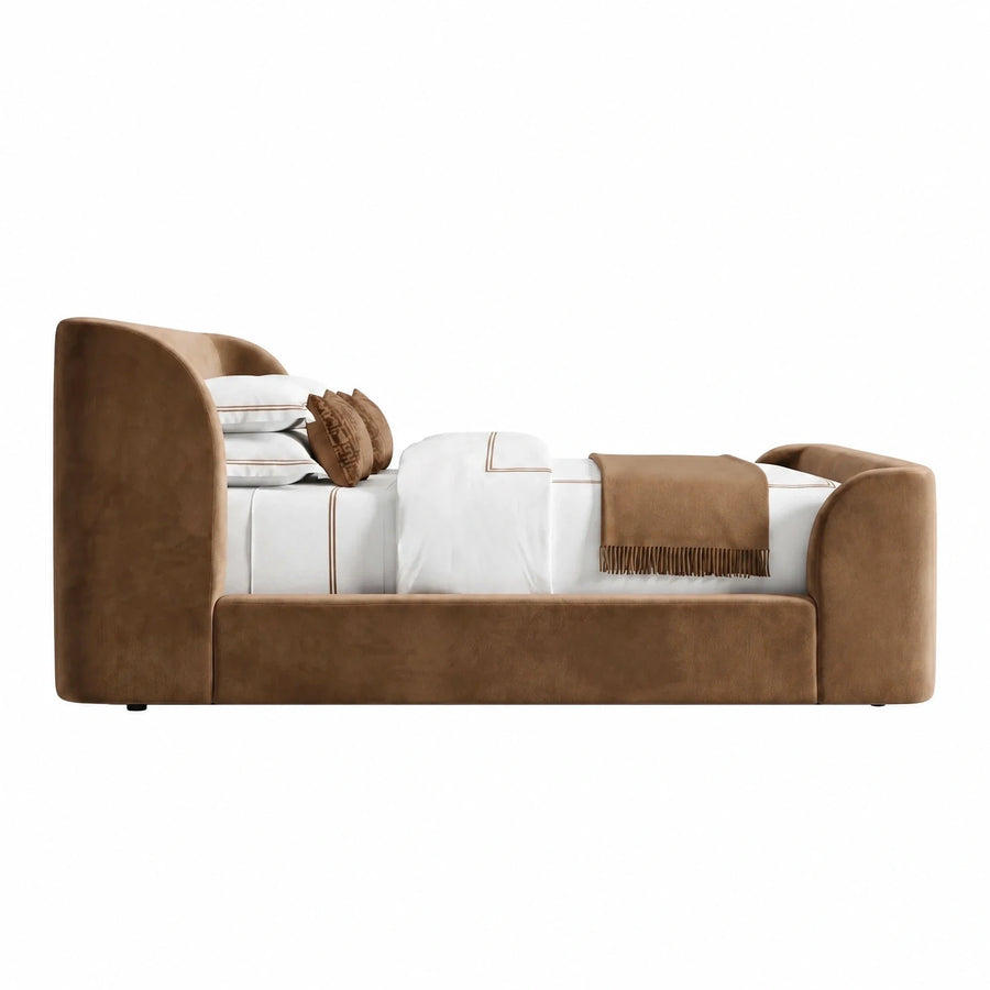 Brown Upholstered Bed with Curved Headboard and Footboard