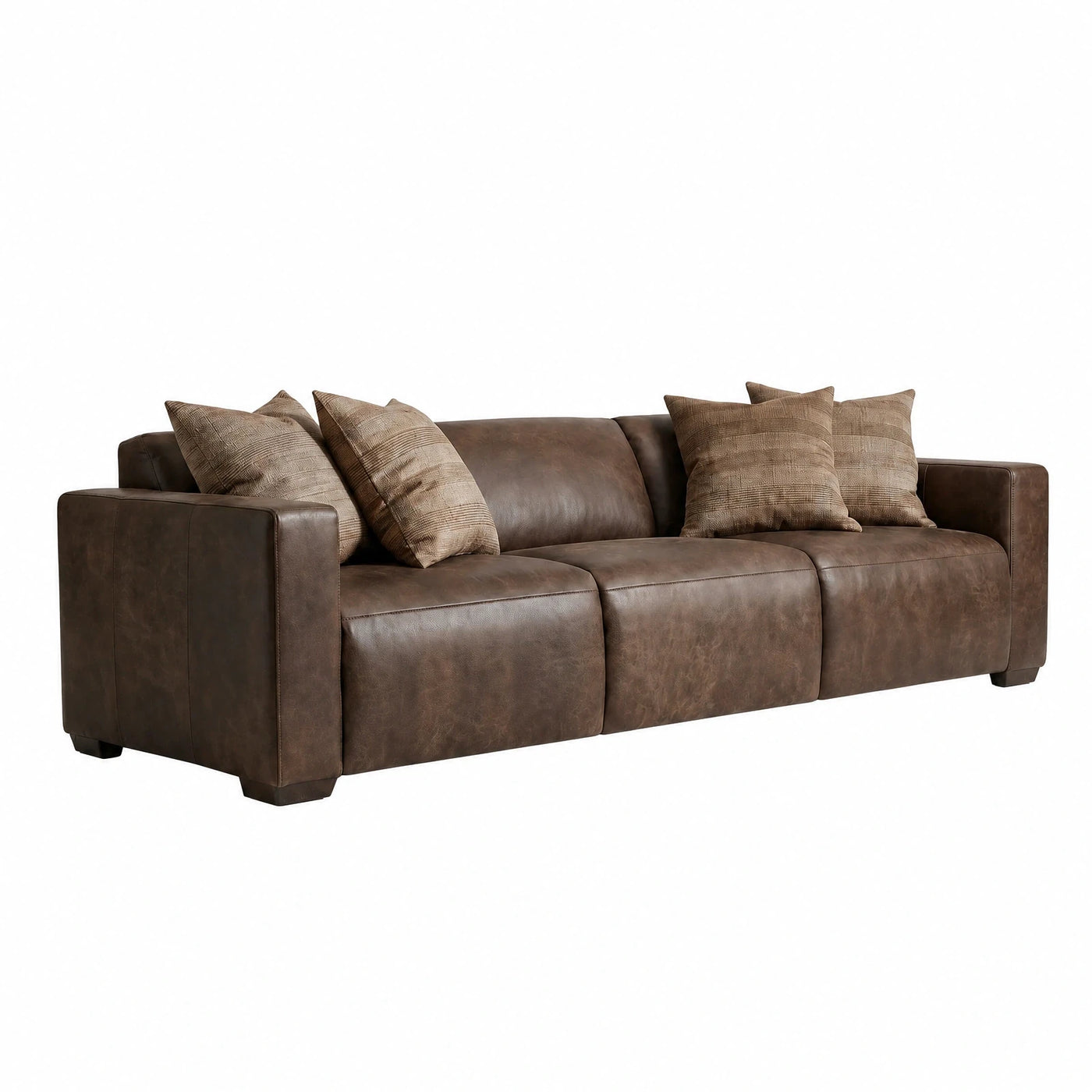 Brown Leather Sofa with Textured Throw Pillows