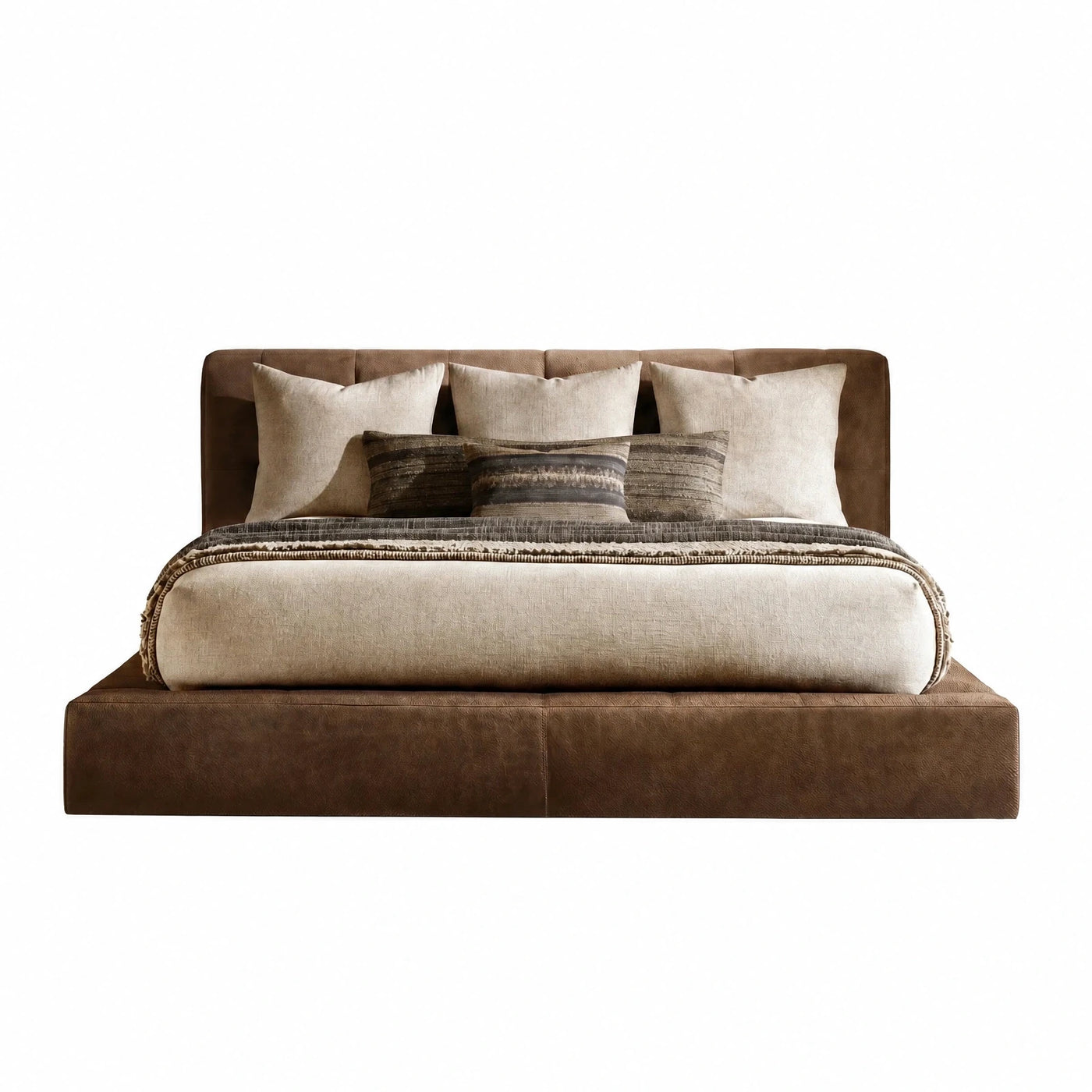 Brown Upholstered Platform Bed with Tufted Headboard