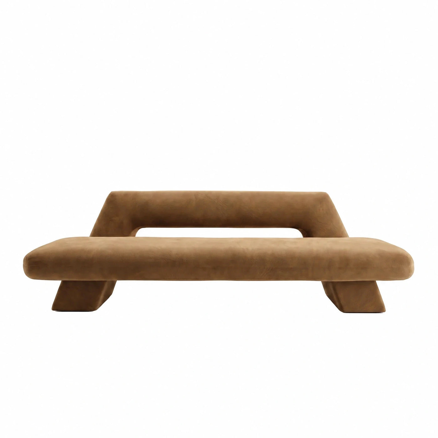 Brown Upholstered Bench with Sculptural Backrest