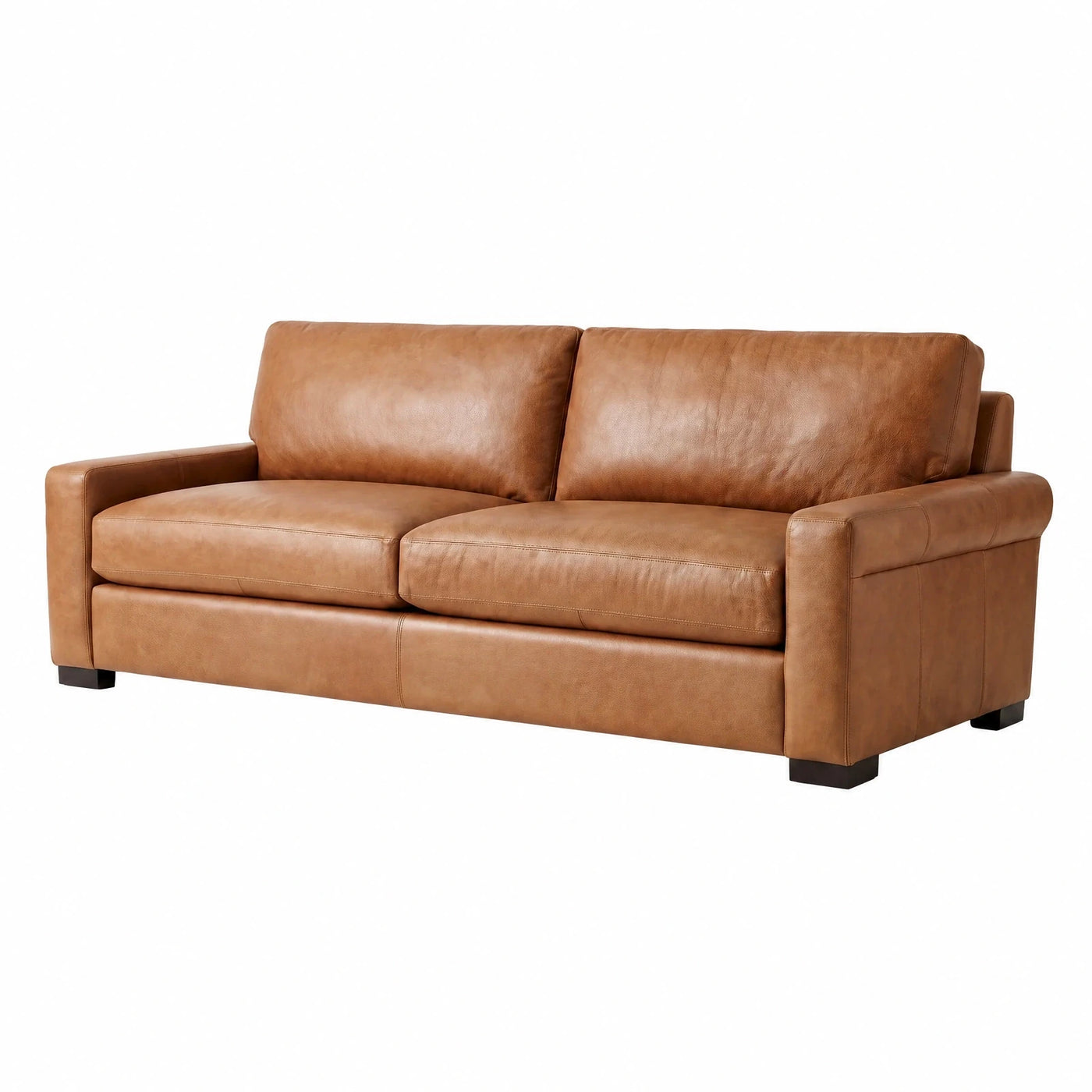Brown Leather Two-Seater Sofa with Dark Wood Legs