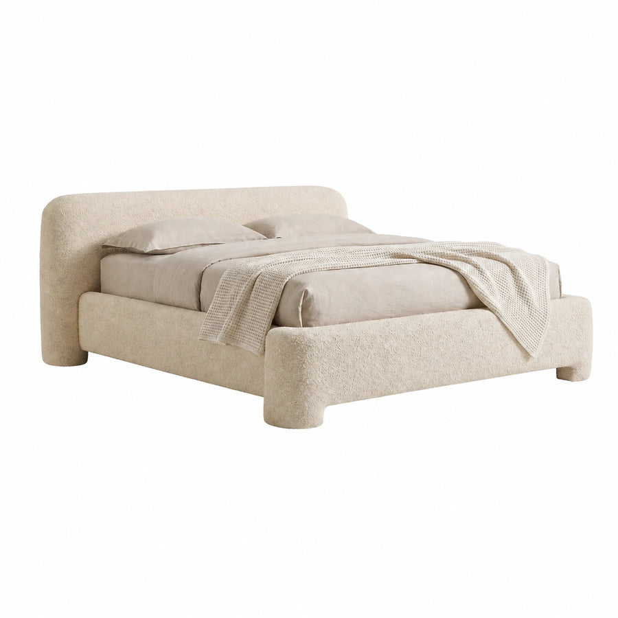 Cream Boucle Upholstered Platform Bed with Rounded Edges