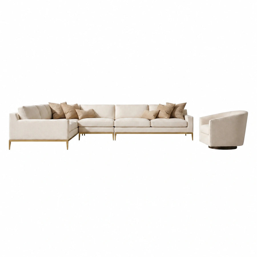 Cream Fabric Sectional Sofa with Gold Legs