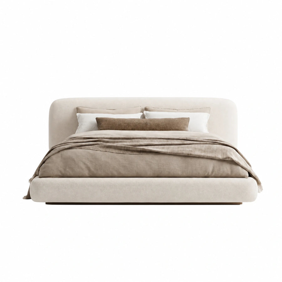 Cream Upholstered Platform Bed with Low Profile Headboard