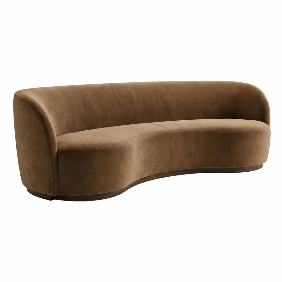 Curved Brown Velvet Sofa with Wooden Base