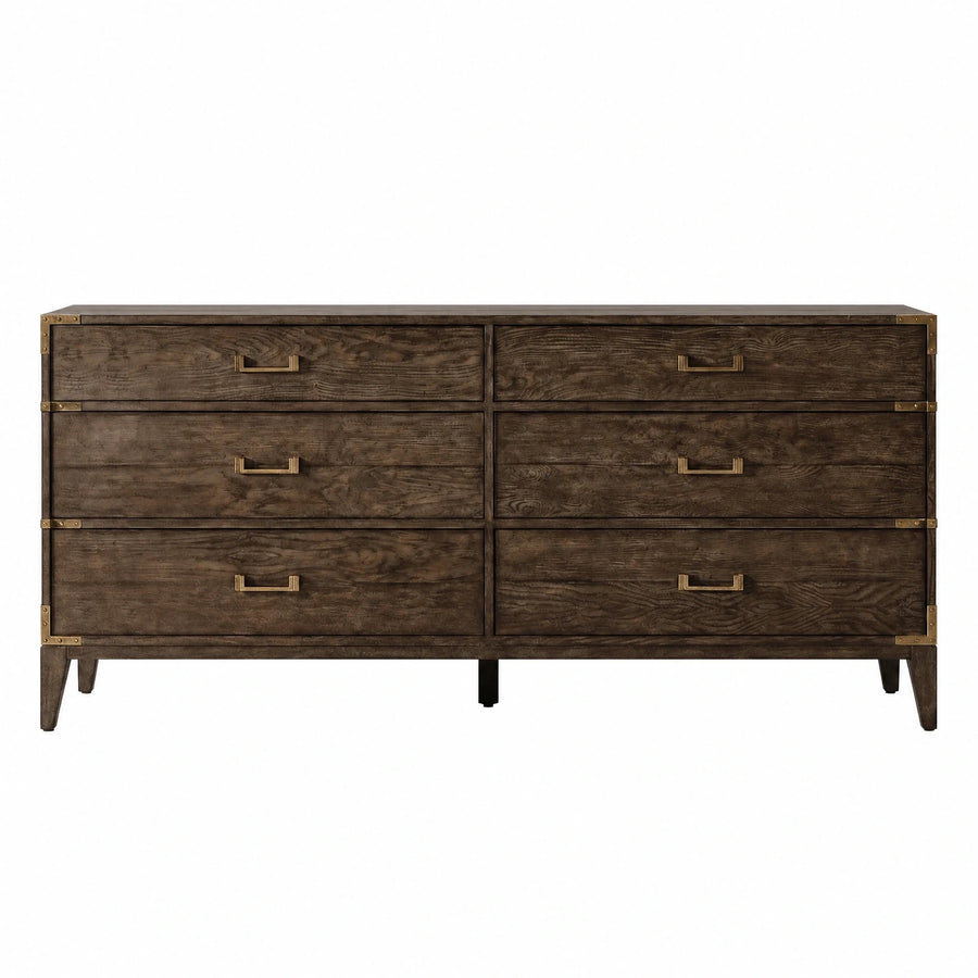 Dark Wood Six-Drawer Dresser with Brass Accents