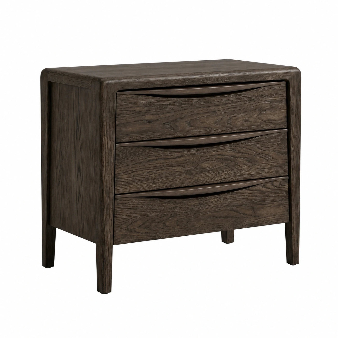 Dark Wood Three Drawer Nightstand with Tapered Legs