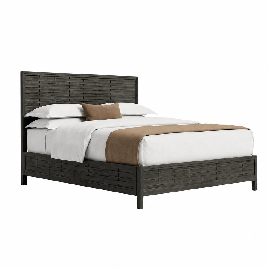 Dark Wood Platform Bed with Textured Headboard
