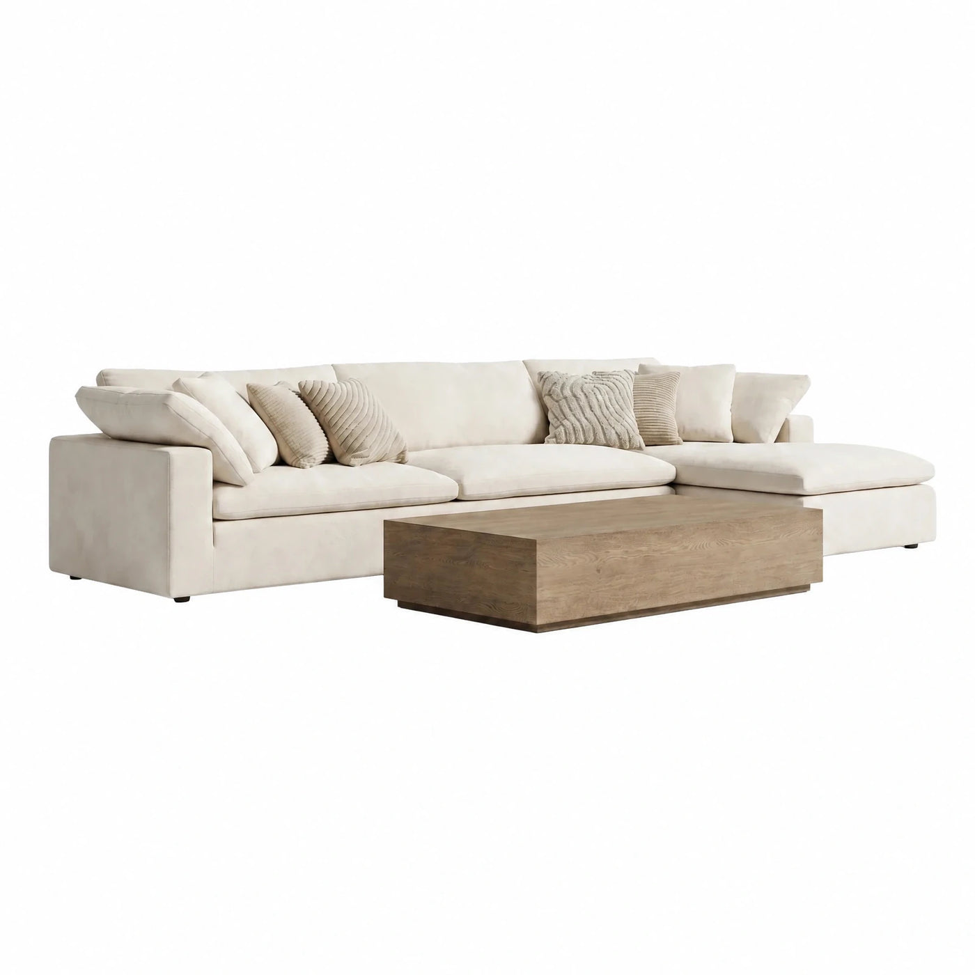 Cream Modular Sectional Sofa with Wood Coffee Table