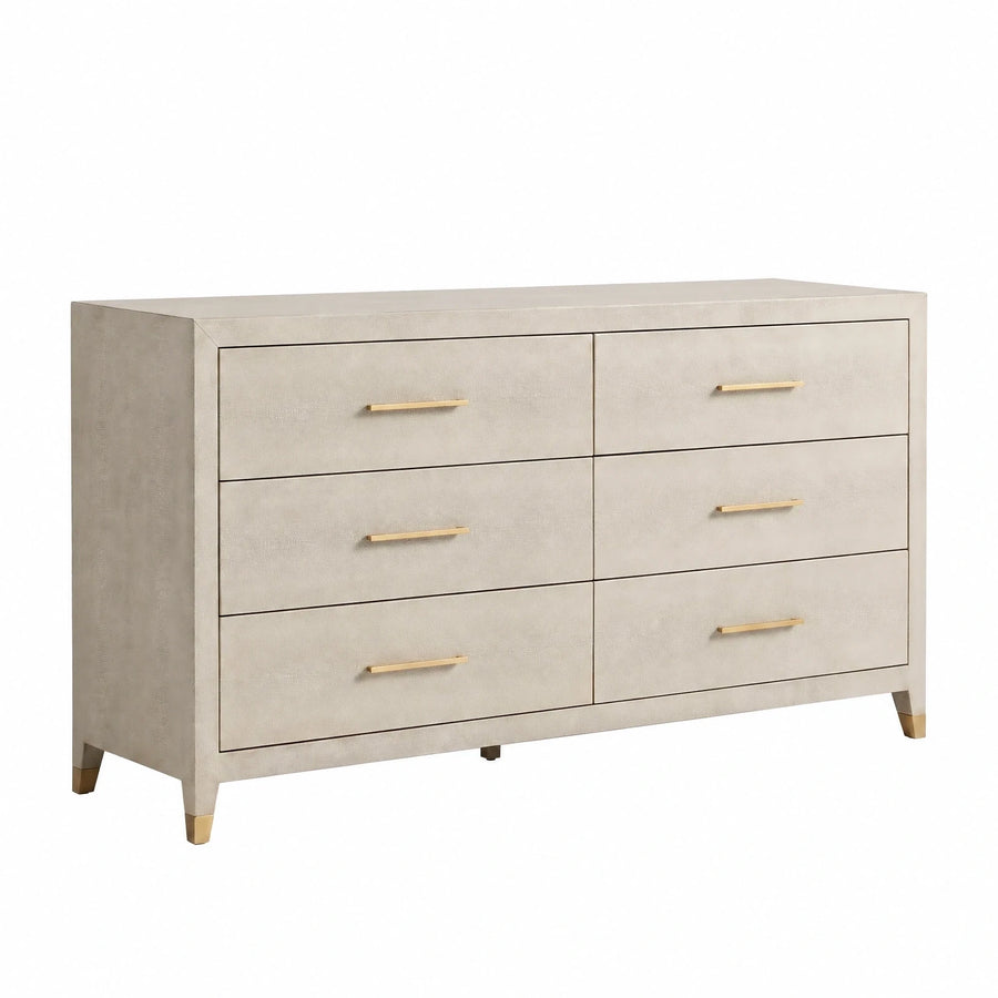 Beige Shagreen Six-Drawer Dresser with Gold Accents