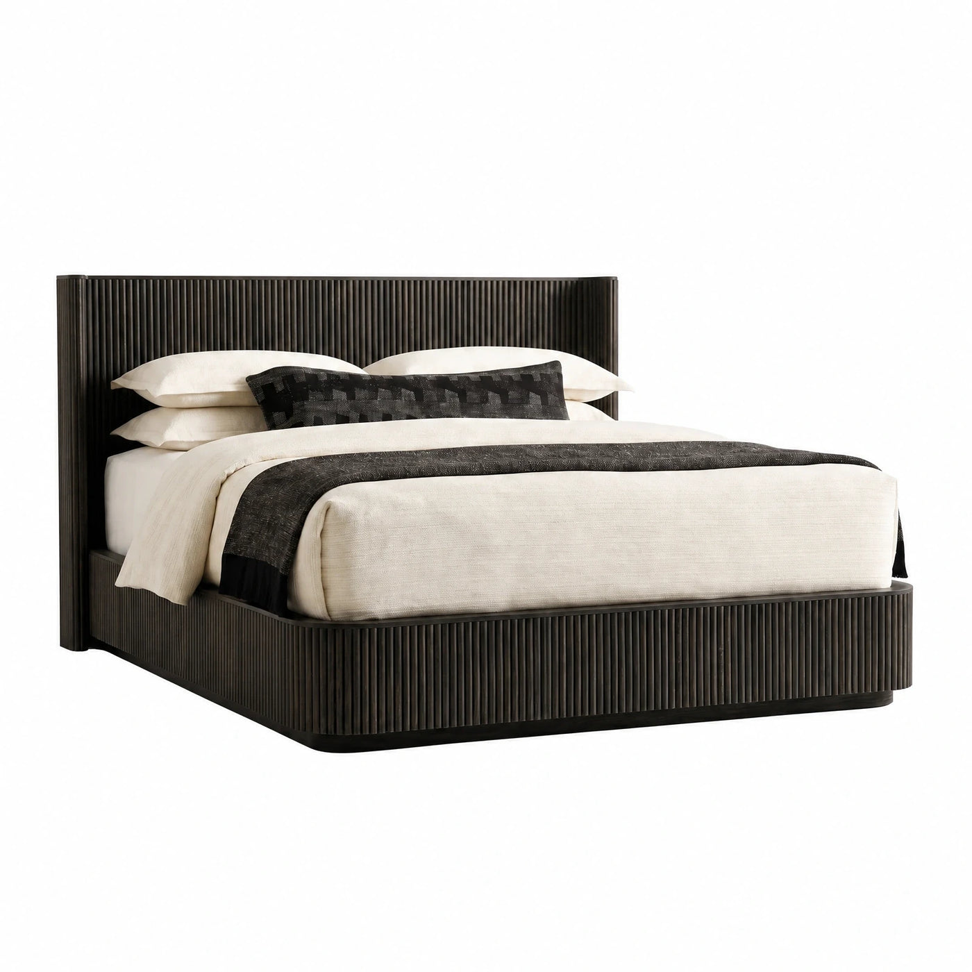 Dark Wood Fluted Panel Platform Bed Frame