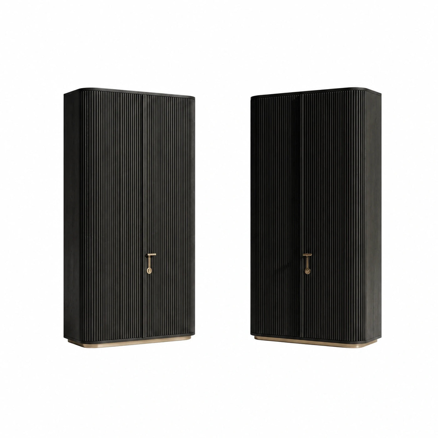 Black Fluted Wood Cabinet with Brass Base
