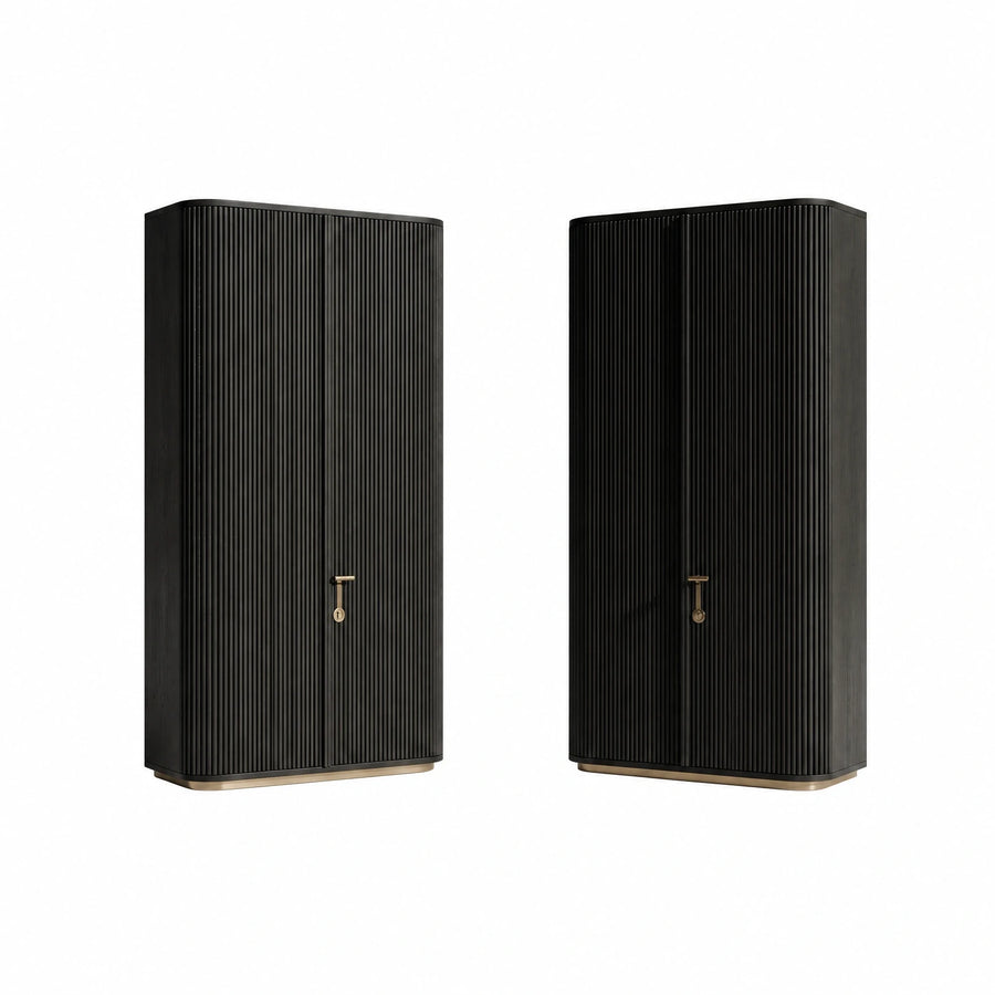 Black Fluted Wood Cabinet with Brass Base