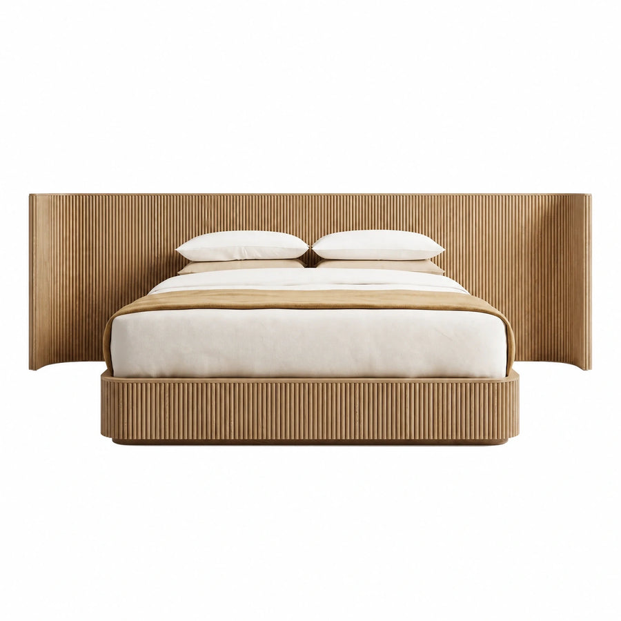Fluted Wood Platform Bed with Extended Headboard