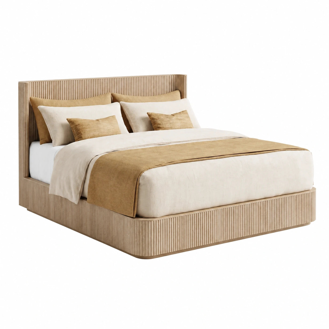 Beige Fluted Upholstered Platform Bed Frame