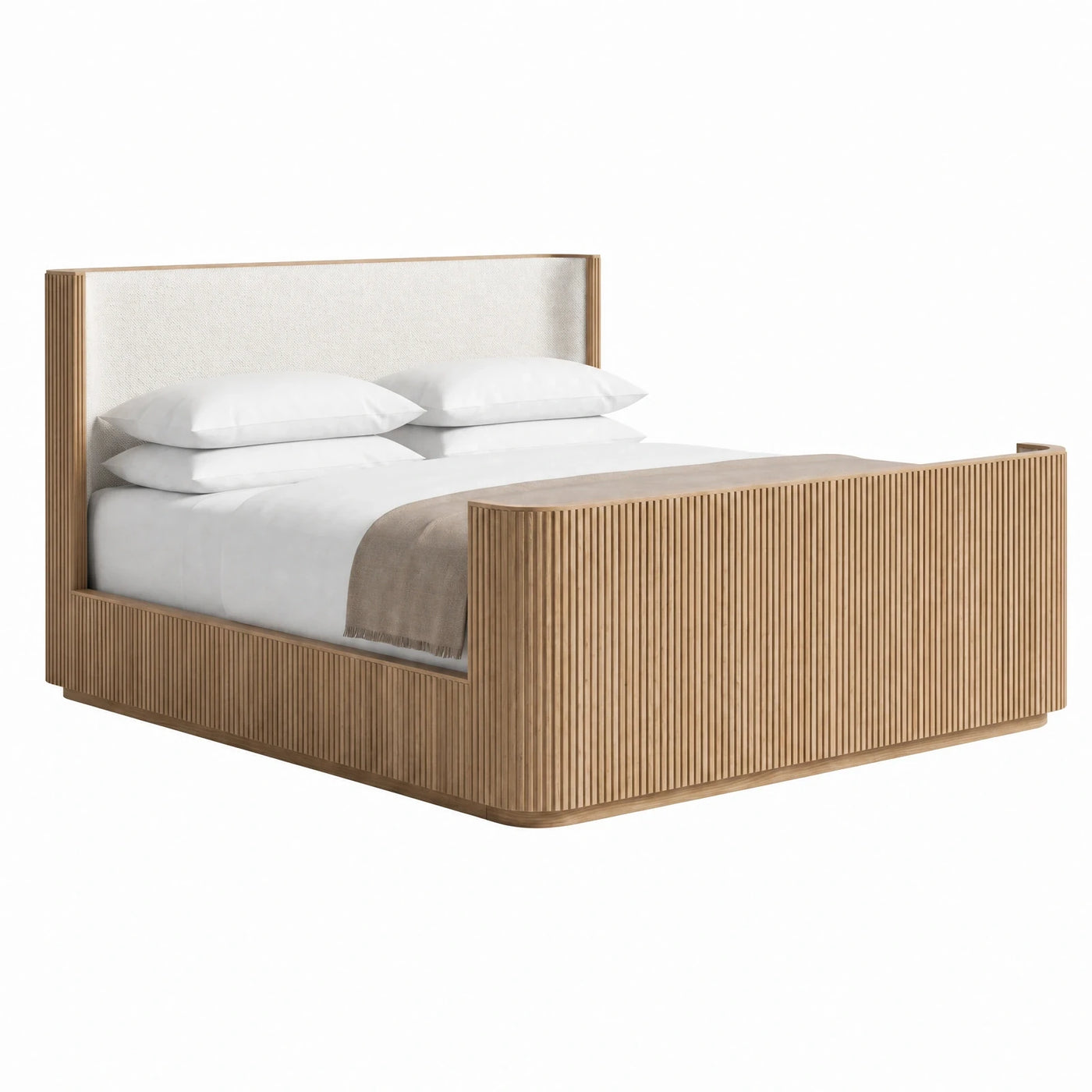 Fluted Wood Platform Bed with Upholstered Headboard