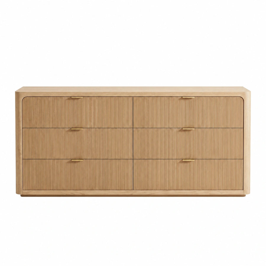Light Wood Six-Drawer Dresser with Fluted Fronts