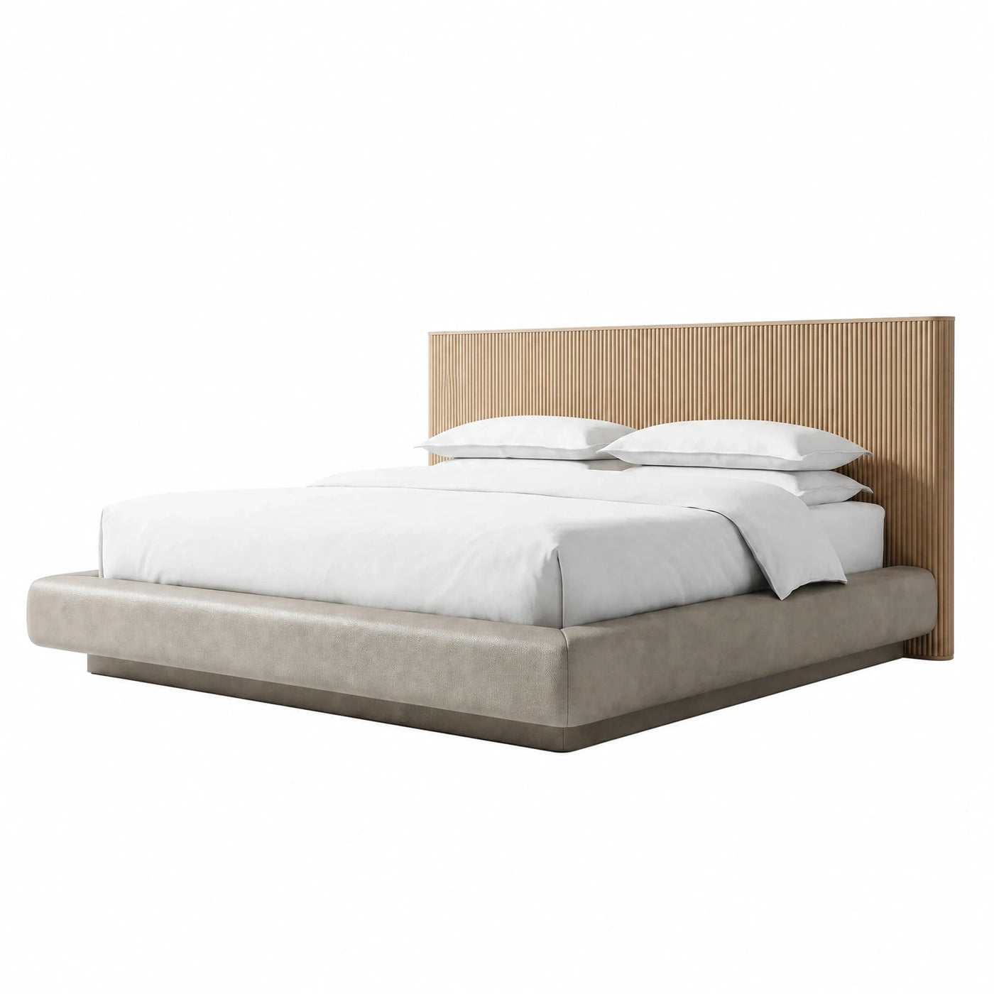 Modern Upholstered Platform Bed with Fluted Wood Headboard