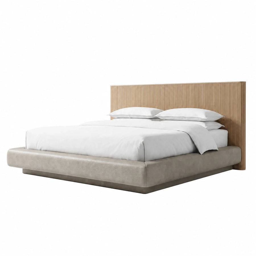 Modern Upholstered Platform Bed with Fluted Wood Headboard