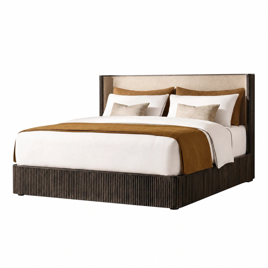 Fluted Wood Platform Bed with Upholstered Headboard