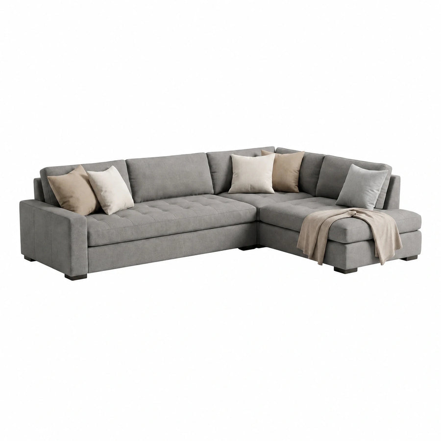 Grey Fabric L-Shaped Sectional Sofa with Tufted Cushions