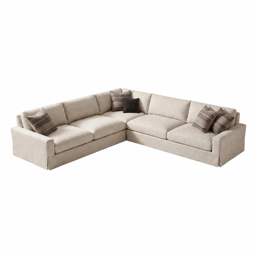 Beige Fabric L-Shaped Sectional Sofa with Throw Pillows