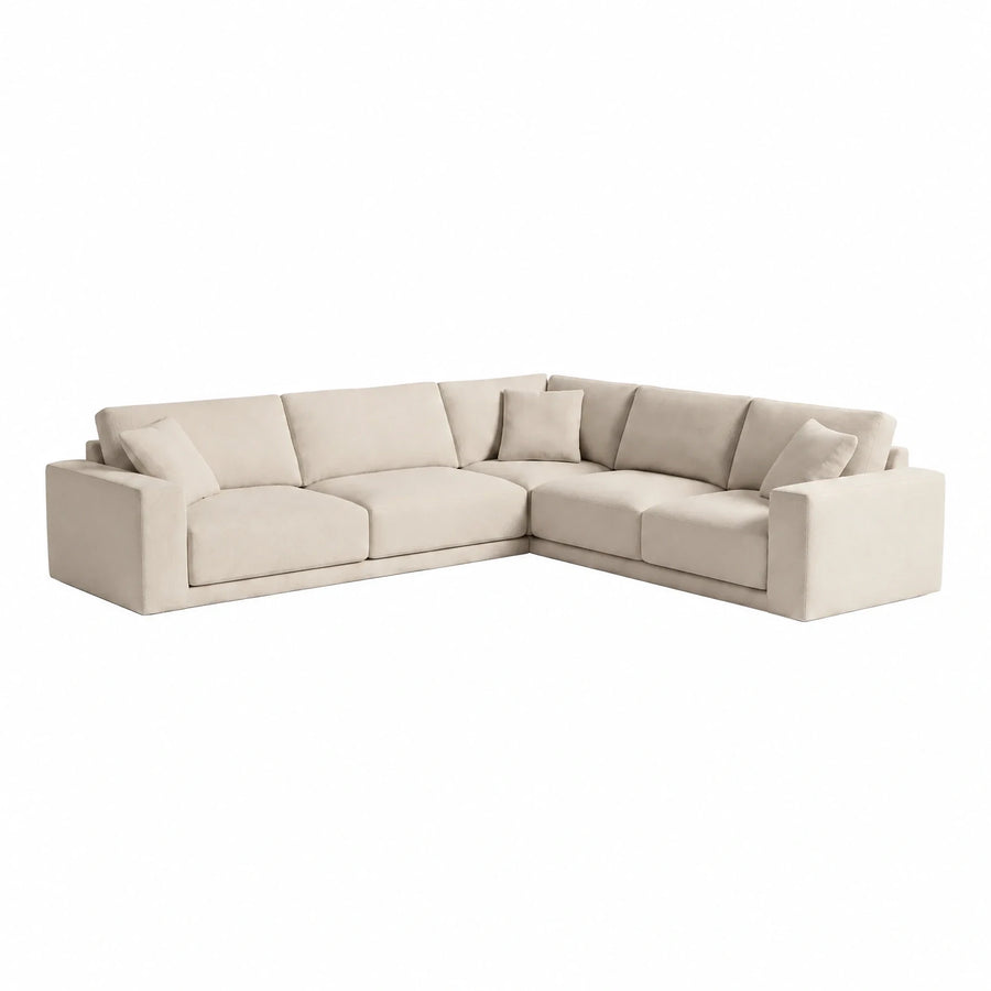 Cream Fabric L-Shaped Sectional Sofa with Throw Pillows
