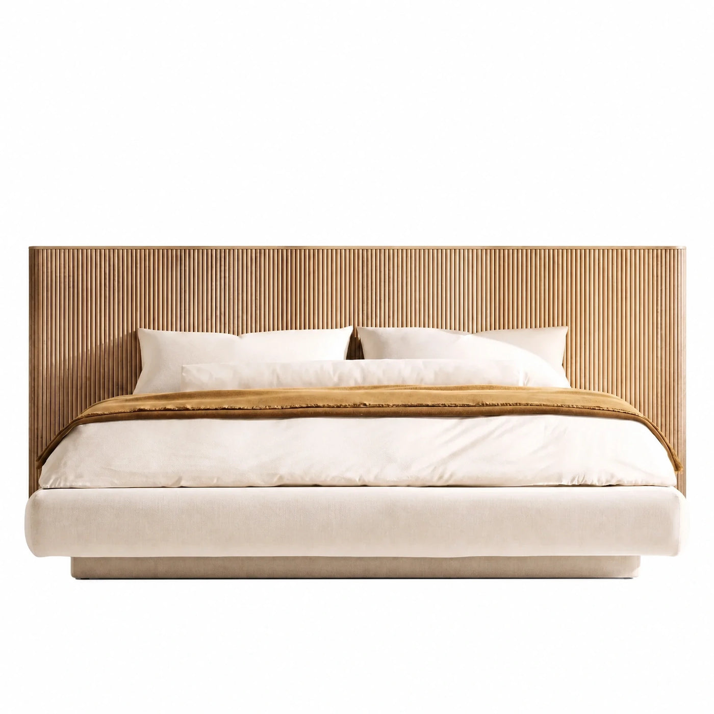 Fluted Wood Headboard Bed with Upholstered Base