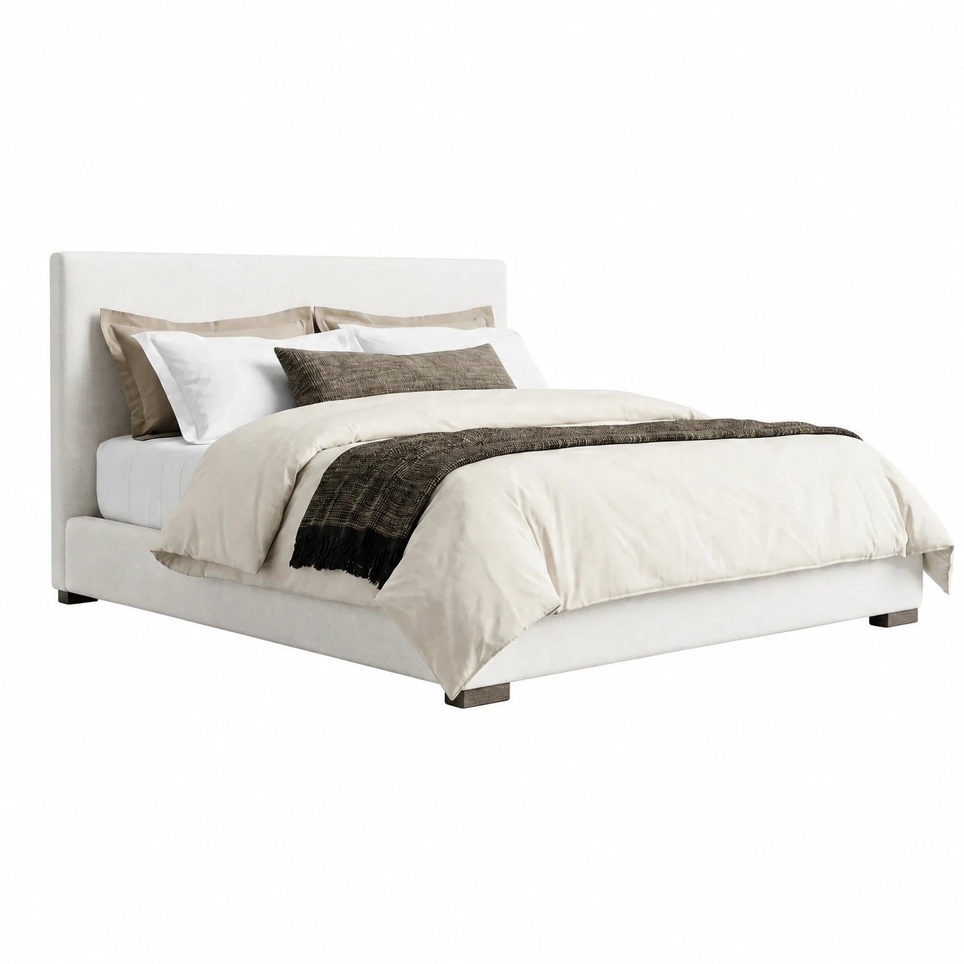 Cream Upholstered Platform Bed with Low Profile Headboard