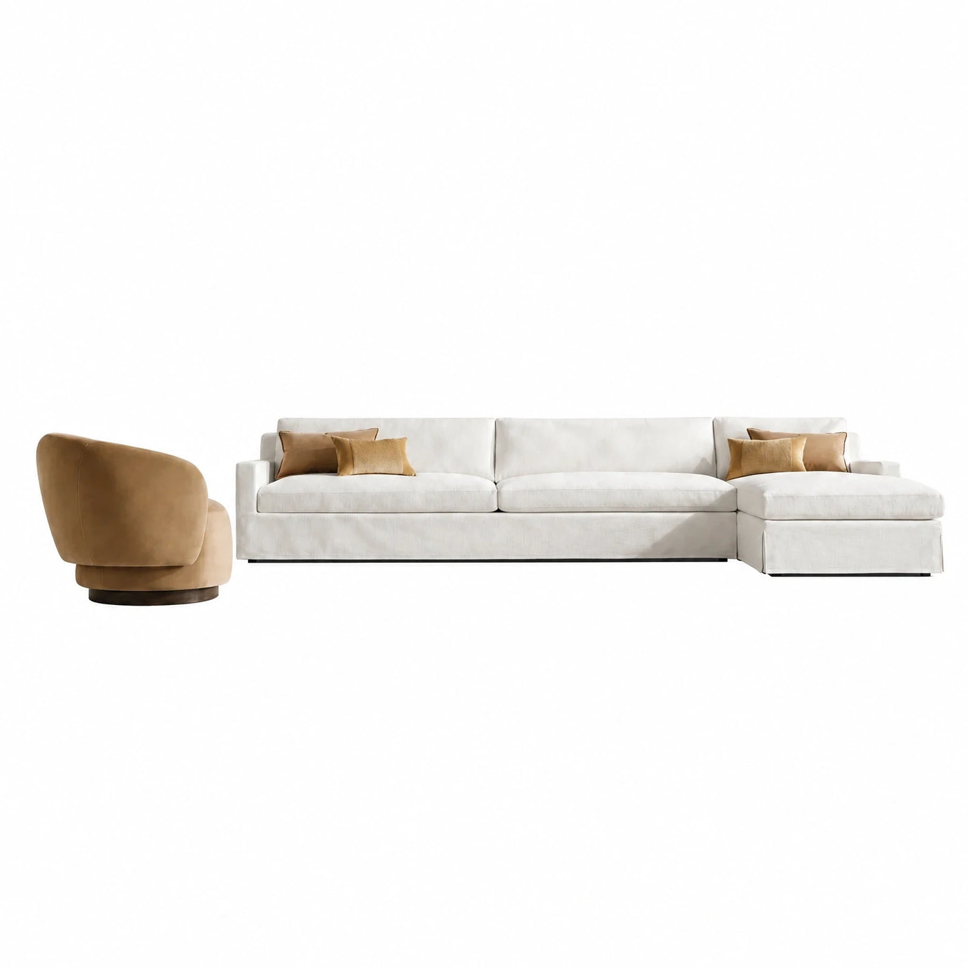 White Fabric Sectional Sofa with Chaise and Swivel Chair
