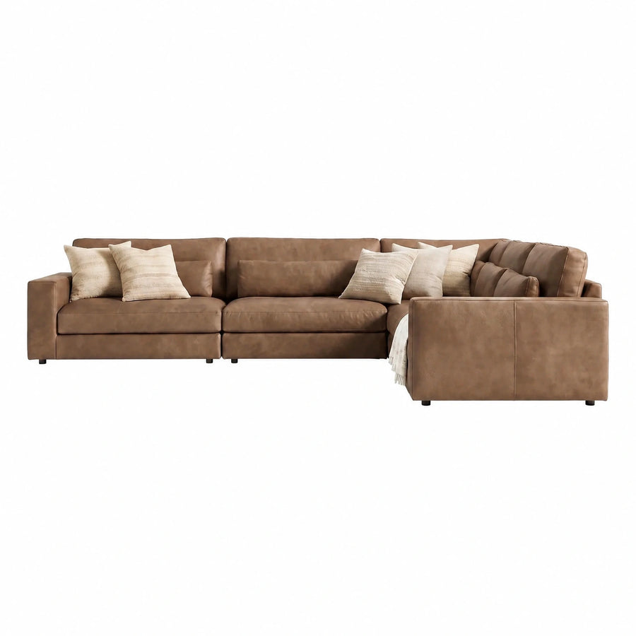 Brown Leather L-Shaped Sectional Sofa with Pillows