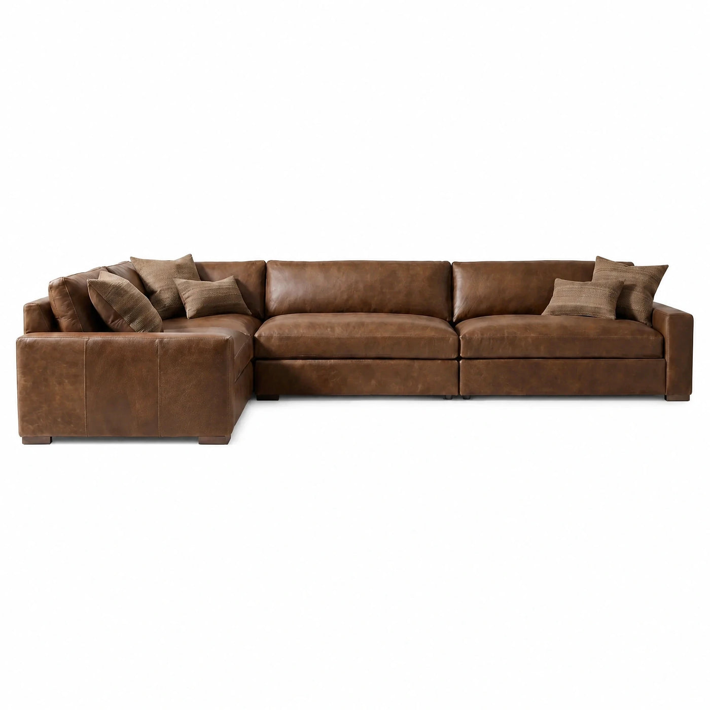 Brown Leather L-Shaped Sectional Sofa with Throw Pillows