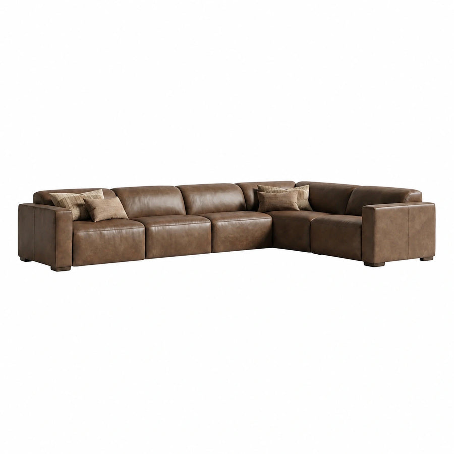 Brown Leather L-Shaped Sectional Sofa with Throw Pillows