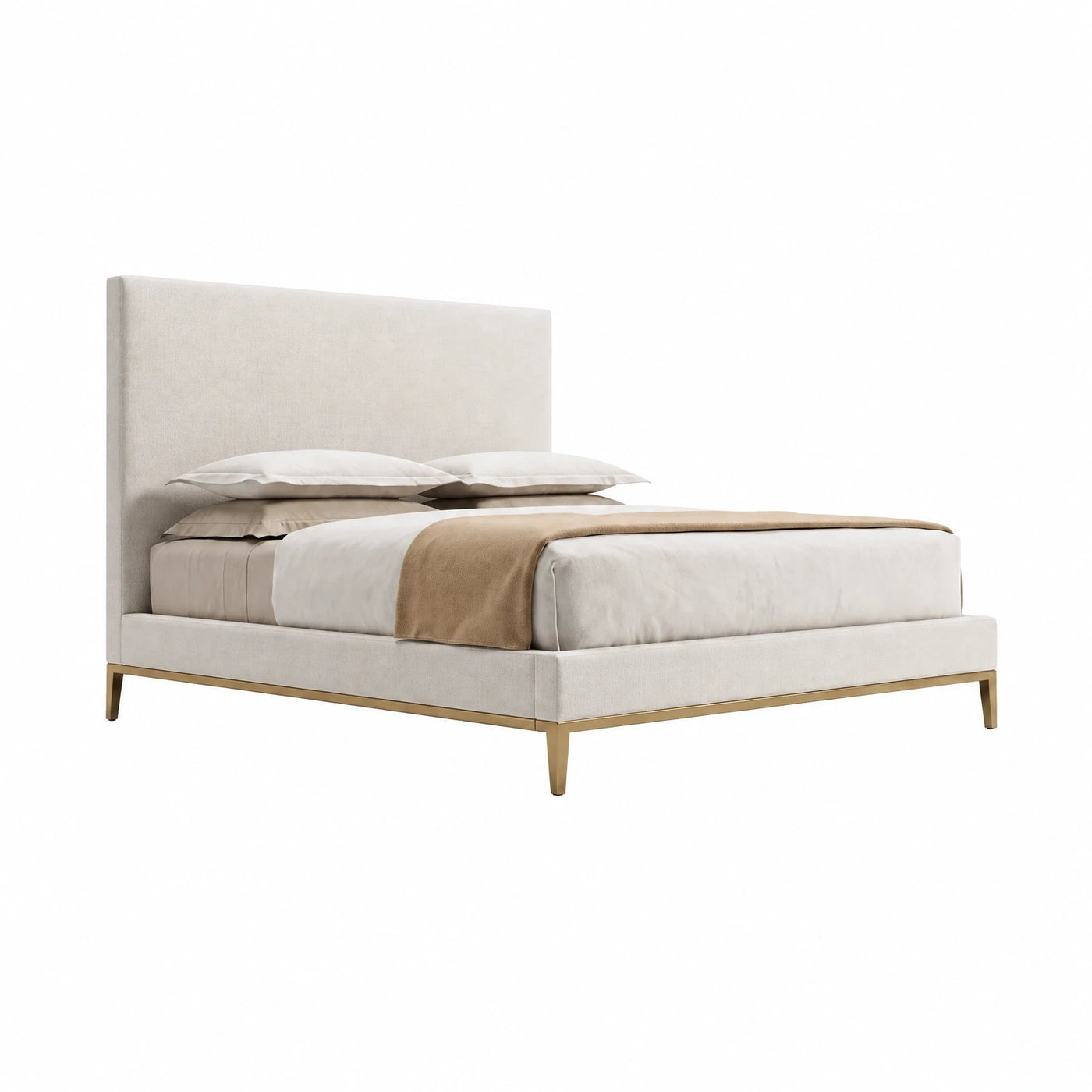Cream Upholstered Platform Bed with Gold Metal Legs