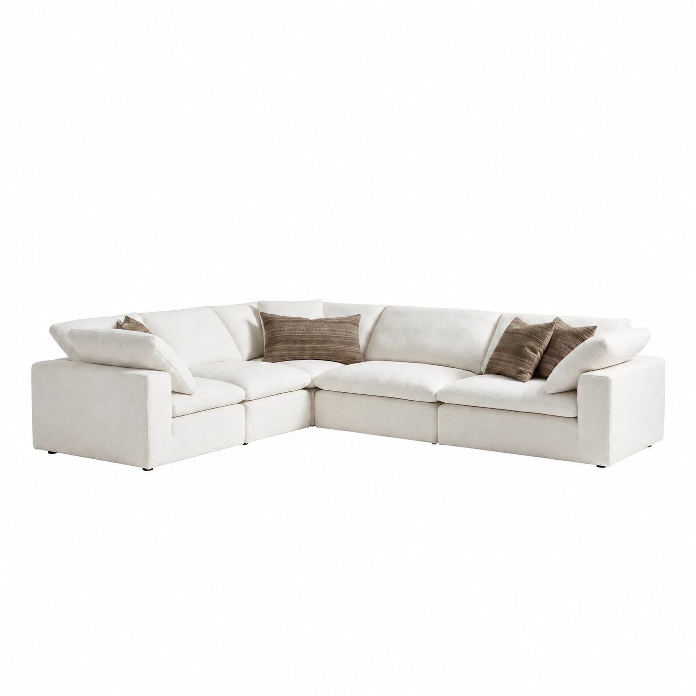 White Fabric L-Shaped Sectional Sofa with Pillows