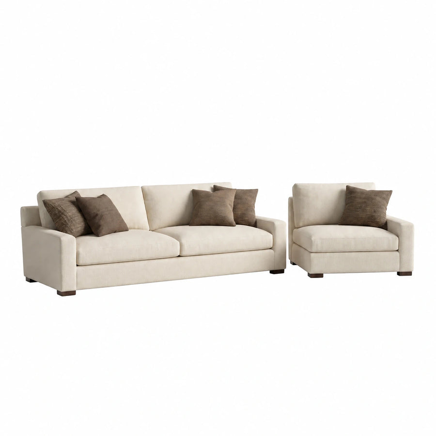 Cream Fabric Sofa and Armchair Set with Brown Pillows