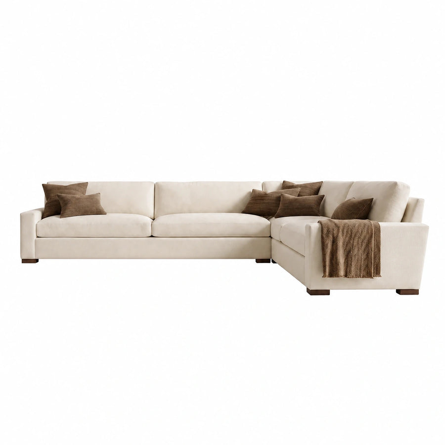 Cream Fabric L-Shaped Sectional Sofa with Dark Wood Legs