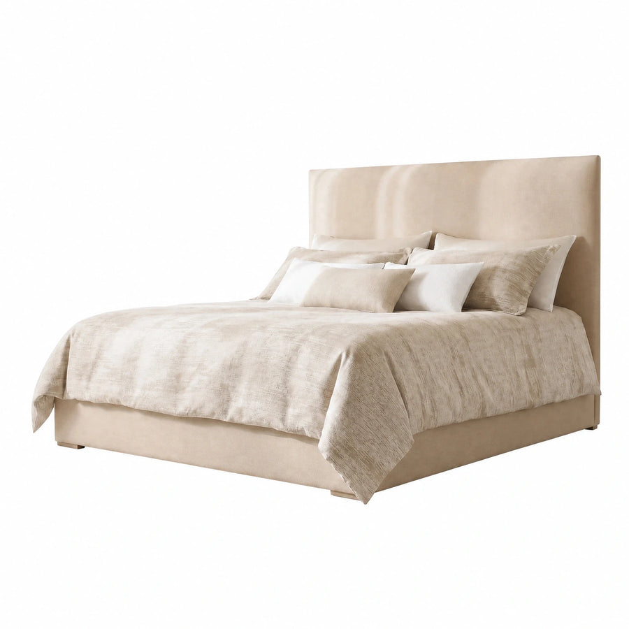 Beige Upholstered Platform Bed with Tall Headboard