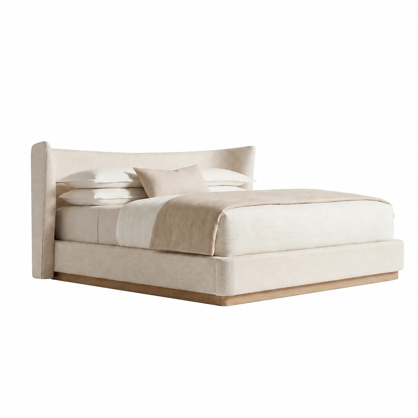 Cream Fabric Upholstered Platform Bed with Wood Base