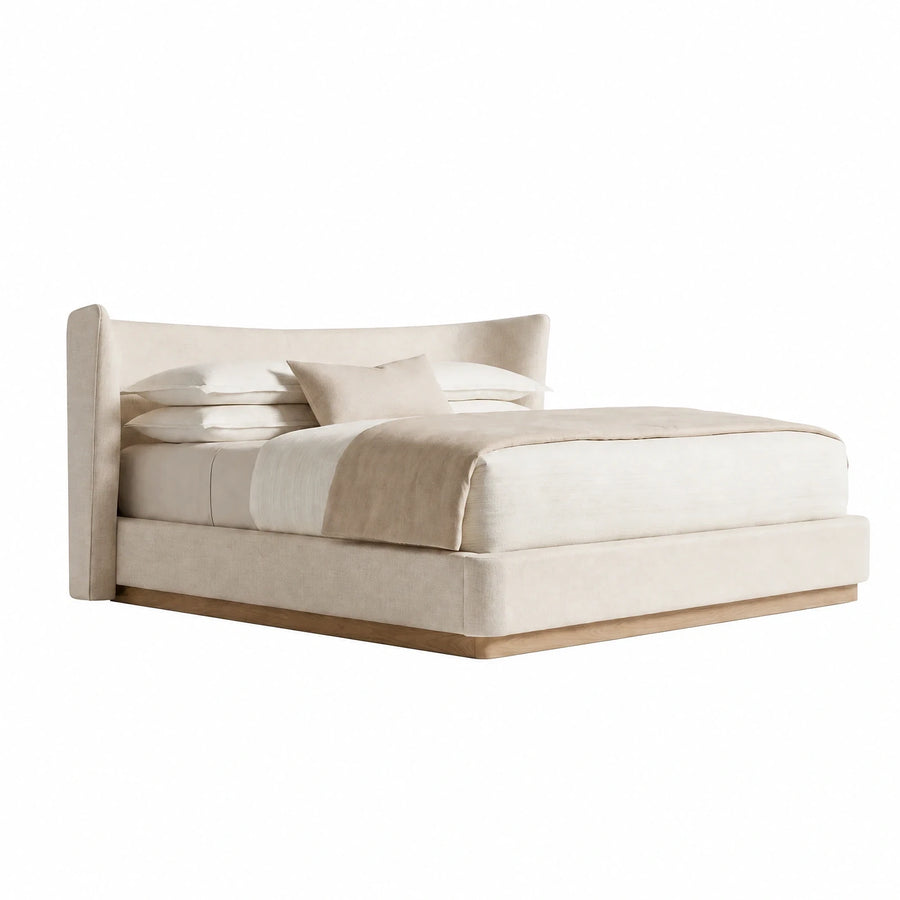 Cream Fabric Upholstered Platform Bed with Wood Base