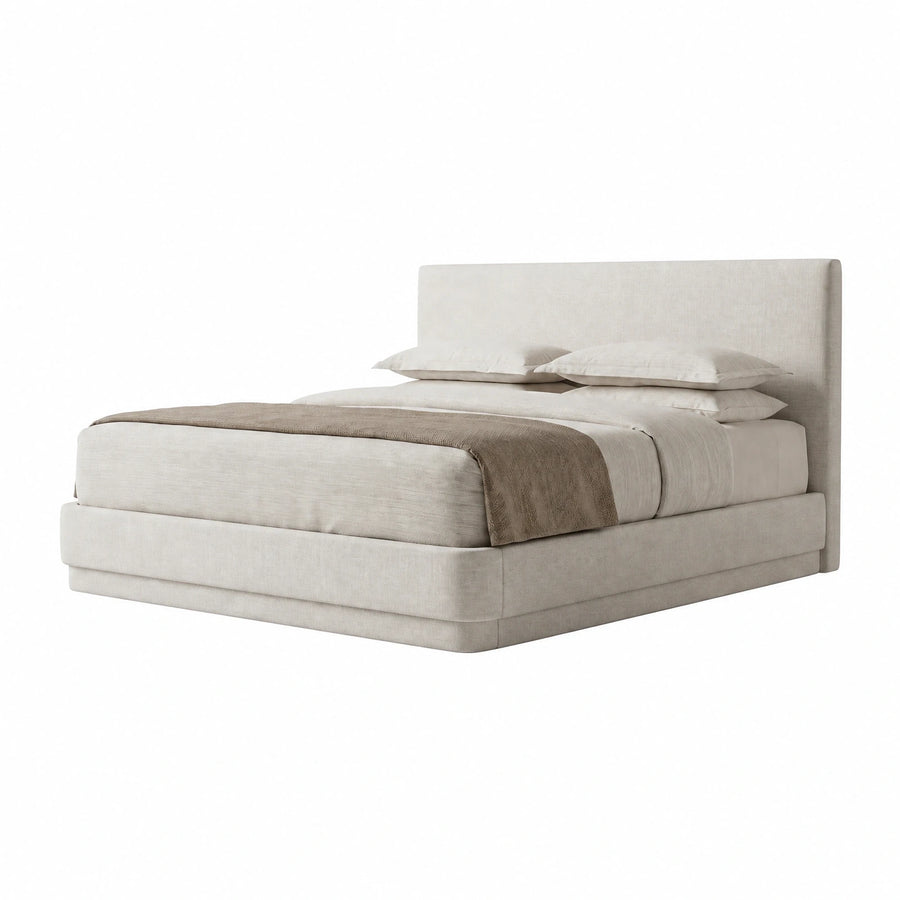 Beige Upholstered Platform Bed with Tall Headboard