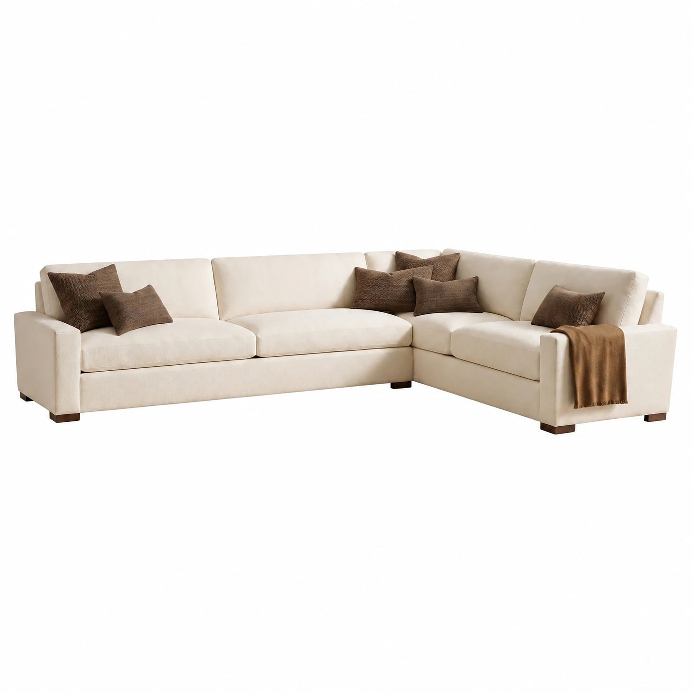 Cream Fabric L-Shaped Sectional Sofa with Brown Pillows